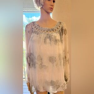 Radzoli tie-dye peasant blouse, delicate crocheted neckline. Sheer sleeves Sz M
